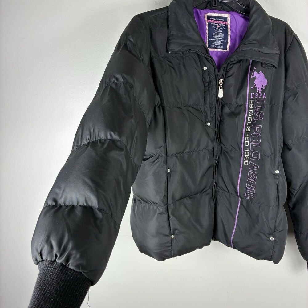 U.S. Polo Assn Girls Puffer Coat Jacket Black Purple Quilted XL /16 - Picture 3 of 7